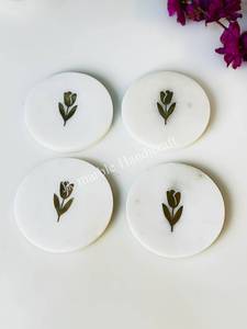Sous-verres ronds en marbre blanc avec incrustation florale, lot de 4 pour la décoration de table à la maison ou à l'hôtel - Product Image 3