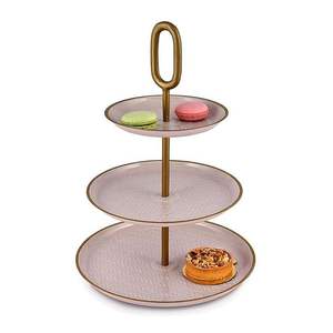 Support à gâteau en céramique de luxe à 3 niveaux avec bordure dorée et poignée de transport, élégant présentoir à desserts multi-étages à prix avantageux - Product Image 1