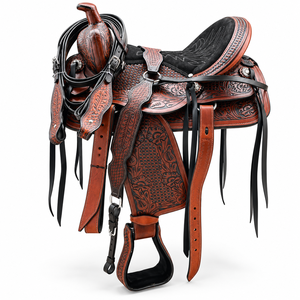 Ensemble de selle western en cuir véritable avec outils de montage en acier inoxydable à motif floral pour l'équitation, le trail, le plaisir et le barrel - Product Image 1