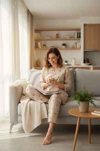 Conjunto de Pijama de Algodón a Rayas Beige para Mujer, con Estampado de Corazón Rojo, Dos Piezas, Ropa Cómoda para el Hogar - Product Image 3