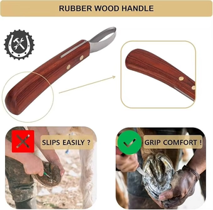 Couteau à sabots à double tranchant avec manche en bois, outil de fermeur de chevaux antidérapant, couteau à sabots ovale pour toilettage équin - Product Image 6