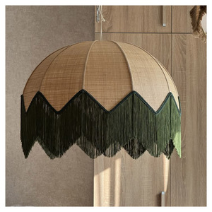 Lampe suspendue en jute rétro bohème, lustre en raphia tissé à la main avec franges en pompon vert, style vintage, luminaire suspendu au plafond - Product Image 6