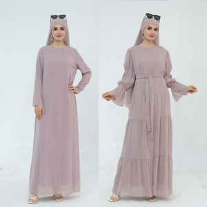 Brown Long Sleeve Modest <b>Abaya</b> With Tiered Hem And Belt For <b>Women</b> Floor Length Solid Color Lightweight Daily Wear Dress - Product Image 3