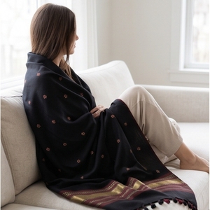 Hand Woven Black <b>Acrylic</b> Wool Shawl Embroidered Ethnic Style with <b>Mirror</b> Work and Printing Pattern Made From Polyester - Product Image 3