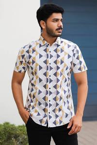 Mens Summer Cotton <b>Shirt</b> With Artistic Geometric Motifs Short Sleeves Relaxed Feel Lightweight Construction And Contemporary Sty - Product Image 1