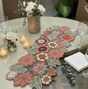 Handmade Eco-Friendly Lightweight Durable Adjustable Luxury Embedded Customized Shape <b>Teal</b> Floral Design <b>Table</b> <b>Runner</b> Mats Pads - Product Image 4