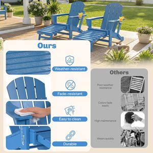 Juego de 2 Sillas Plegables Adirondack Azules de HDPE para Fogata con Reposapiés Retráctil y Portavasos - Product Image 4