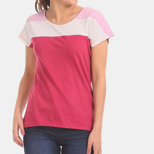 Camiseta de Mujer Personalizada con Bloques de Color, Manga Corta, Cuello Redondo, Corte Regular, Jersey Transpirable, Casual, Primavera Verano, Rosa Blanco - Product Image 2
