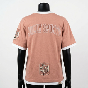 Women double layer cotton t shirt 200 GSM soft breathable <b>peach</b> color contrast hem puff print custom logo Double Layer Shirts - Product Image 6