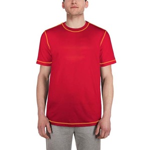 T-shirt à manches courtes rouge pour homme, col rond, coupe classique, tricoté en polyester, bordure contrastée, couleur unie, décontracté - Product Image 1
