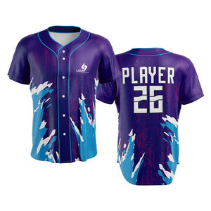 Camiseta de Béisbol Personalizada de Manga Corta con Estampado Sublimado de Secado Rápido Unisex para Adultos para Todas las Temporadas con Patrón Morado y Azul y Logotipo Personalizado en la Parte Delantera - Product Image 1
