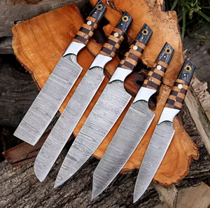Ensemble de couteaux de Damas les plus vendus, 5 pièces, manche en bois, couteaux de chef de cuisine forgés à la main avec sac en cuir - Usage professionnel - Product Image 2