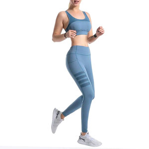 High Quality Quick Dry Women <b>Blue</b> Sports Set Tummy Control Fitness Leggings High Impact Sports <b>Bra</b> Mesh Activewear Set Wholesale - Product Image 4