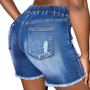 Womens Casual Dark Blue Denim Shorts <b>Elastic</b> Mid <b>Waist</b> Skinny Fit Drawstring Ripped Distressed Streetwear Fashion Daily <b>Jeans</b> - Product Image 2