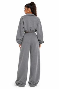 Wholesale Chenille Applique Stand Collar Zip <b>Cropped</b> <b>Top</b> Custom Hoodies Relaxed Fit Palazzo Sweatpants Two Piece Athleisure <b>Set</b> - Product Image 2