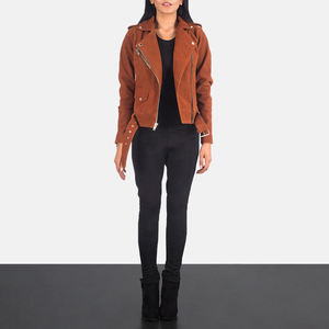 Brown <b>Suede</b> Women's Biker <b>Jacket</b> Belted Motorbike Coat Zipper Patch Pocket Casual Outerwear - Product Image 3