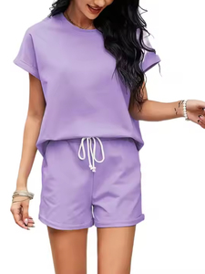 Conjunto de 2 Piezas para Mujer, Pantalones Cortos Morados, Poliéster/Algodón, Cuello Redondo, Manga Corta, Corte Holgado, Color Sólido, Cintura con Cordón, Hasta la Rodilla - Product Image 3