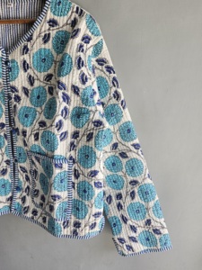 <b>Quilted</b> <b>Jacket</b> Women Floral Embroidery Cotton V Neck Three Quarter Sleeve Spring Style White Blue <b>Pattern</b> gift for her - Product Image 5