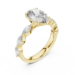 Bague de fiançailles ovale en diamant de laboratoire 2 carats, or massif 18 carats, 0,60 CTW, pierres latérales marquise, trois pierres, bijoux fins - Product Image 2