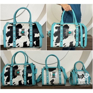 Luxury Turquoise Genuine Leather Cowhide Western Speedy <b>Bag</b> Handbag With Concho <b>Studded</b> Barrel Duffel Crossbody <b>Bag</b> for Unisex - Product Image 1