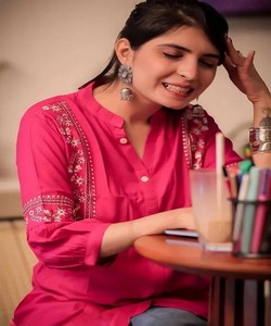 MODERN RAYON COTTON <b>KURTI</b> with EMBROIDERY and WEAVING WORK DAILY WEAR ETHNIC GARMENT in PINK - Product Image 1