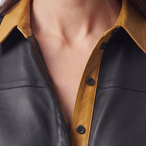 Women’s Genuine Leather Button Down Shirt <b>Jacket</b> Female Leather Shirts With Chest Pockets Girls Full Sleeve Leather Shirt - Product Image 4