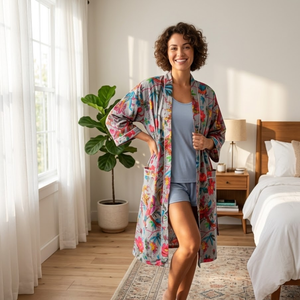 Kimono Floral Gris de Algodón Hecho a Mano |   Bata de casa de manga larga con cuello en V para mujer |   Bata de longitud completa y corte holgado, obra maestra de alta costura - Product Image 3