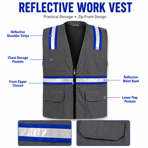 Gilet de sécurité haute visibilité en polyester avec logo personnalisé, bandes réfléchissantes, quatre poches, unisexe, vêtements de travail professionnels pour le personnel d'usine - Product Image 6
