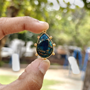 18K Gold Plated Solid Brass Apatite Jade Mohave Turquoise Pendant Connector Handmade Emerald Pear Cabochon Jewelry Link Supplies - Product Image 3