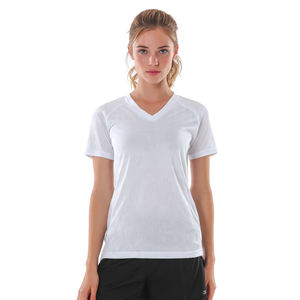 Haut en maille jersey pour femme, manches courtes, col en V, en polyester, vente en gros - Product Image 1