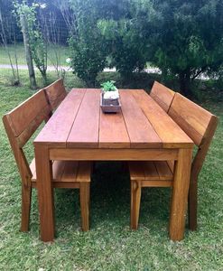 Solid Teak Wood Outdoor <b>Dining</b> <b>Set</b> Rectangular Garden <b>Table</b> with Matching Wooden Bench Chairs - Product Image 1