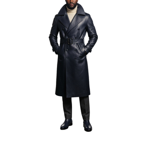 Men's <b>Black</b> Genuine Leather Long Trench Coat Notched Lapel Double Breasted Belted Regular Sleeve - Product Image 4