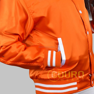 Vente de gros Vestes universitaires en satin super personnalisées style orange Veste letterman brodée pour hommes - Product Image 5