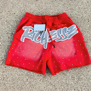 Shorts personnalisés pour hommes avec strass et impression en relief, style vintage délavé, en tissu épais, délavé à l'acide, streetwear, brodés, décontractés, vente en gros - Product Image 6