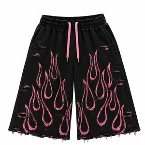 Men's Black Ripped Bermuda <b>Shorts</b> Pink Flame Print Streetwear Baggy <b>Sweat</b> Jorts Elastic Waist - Product Image 1