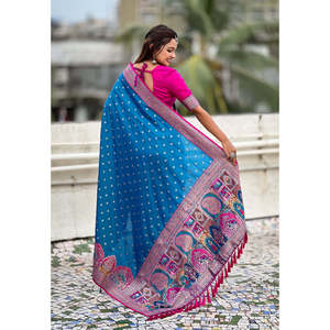 Sari de Seda Darbari Azul Elite Weaves con Tejido Zari, Ropa India y Pakistaní, 700g - Product Image 4