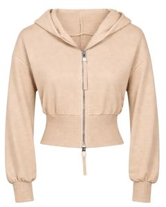 Veste à capuche courte zippée beige pour femme, coupe ajustée, manches longues, style streetwear décontracté, douce et confortable, tendance, personnalisable par le fabricant - Product Image 1