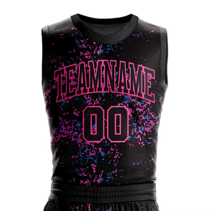 Ensemble de maillots de basket-ball sublimés personnalisés, noir, rose, bleu, imprimé effet éclaboussures, sans manches, coupe athlétique, adulte, unisexe, maille respirante - Product Image 5