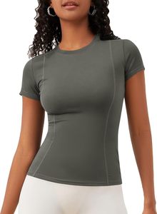 Haut de sport en coton pour femme, manches courtes, coupe ajustée, tissu jersey respirant, couleur unie, style sportif - Product Image 2