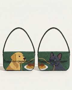 Handmade Embroidered Canvas <b>Handbag</b> Rectangular Shape Animal Theme Dog Pattern Green Color - Product Image 5