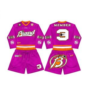 Men's Purple Hockey Jersey <b>Set</b> with Shorts Digital Printing Breathable <b>Knitted</b> Quick Dry V-Neck Streetwear Summer Wear - Product Image 1