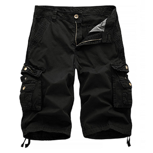 Shorts cargo noirs pour hommes, taille mi-haute, fermeture boutonnée, en coton respirant, style décontracté avec plusieurs poches - Product Image 1