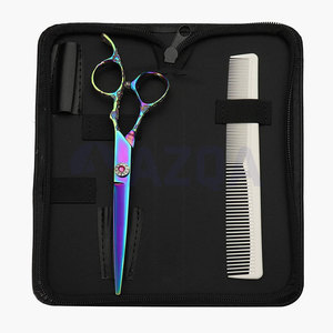 Ciseaux de coiffure professionnels en titane arc-en-ciel avec manche décoratif et étui de rangement en cuir pour usage en salon - Product Image 5