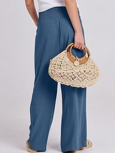 Women High Waist Wide Leg Pants Solid Color Pleated Loose Fit Elastic Waist Casual Summer Full Length Crepe Trousers - Product Image 4