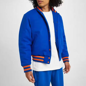 Veste universitaire bleu royal premium pour homme avec col montant, fermeture à boutons-pression, poignets et ourlet en tricot côtelé rayé, et poches latérales - Product Image 6