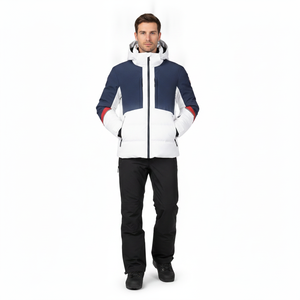 Men's Navy White Hooded Puffer <b>Jacket</b> Color Blocking Embroidered Logo Windproof Winter Sporty Outerwear - Product Image 2