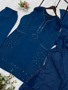 Wholesale Indian Ethnic Wear Teal <b>Blue</b> Cotton Kurta Palazzo Set with Dupatta Lucknowi Chikankari Suit Women Clothing Salwar Kame - Product Image 5