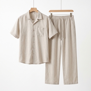 Men's Summer <b>Linen</b> Casual Shirt & Wide-Leg Pants Co-Ord Relaxed Resort <b>Two</b>-<b>Piece</b> Set OEM ODM Wholesale Factory Private Label - Product Image 5