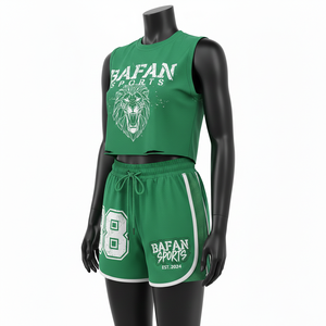 Conjunto de Camiseta sin Mangas y Pantalones Cortos para Mujer, 100% Algodón, 220 GSM, Mezcla de Algodón Premium, Panel de Malla Verde, Impresión DTG, Logotipo Personalizado - Product Image 4