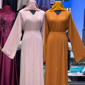 Abaya de Dubaï Modeste en Gros, Traditionnelle Musulmane, Faite à la Main, Pailletée et Perlée, Col en V, Manches Longues, Longueur Cheville, pour Mariage, Femme, en Polyester - Product Image 1